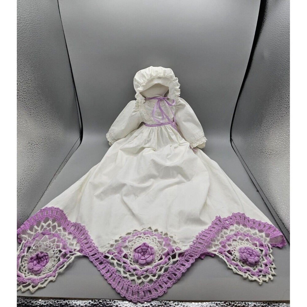 Vintage Handmade Amish Doll White And Purple Crocheted Dress With Bonnet